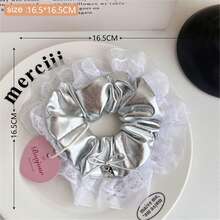 1Pc Sweet & Cool Silver Leather Bow Scrunchie | Niche High-End Elegant Hair Tie For Ponytail - Silver - View 5