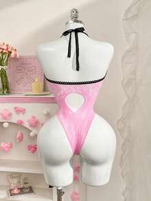 PetitDoll 1pc Women's Sexy Hollow Out Sheer Patchwork Bodysuit With Tie-Up Neck, Valentines Day - Pink - View 7