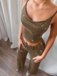 SHEIN Glamour Quần ống loe lấp lánh lấp lánh giúp thon gọn chân cho nữ mùa thu - Màu Khaki - Xem 4