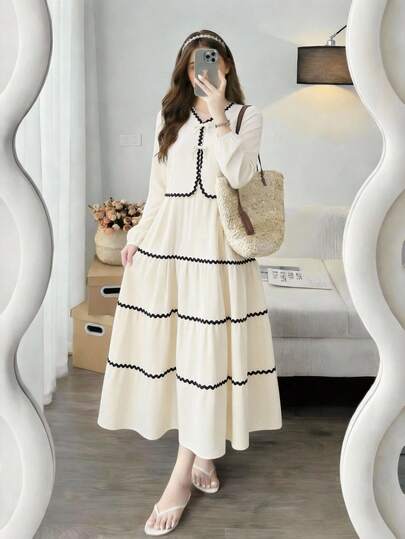 SHEIN Teenage Girls' Fashion Casual Crinkle Fabric Short Jacket Paired With Pleated Midi Skirt, Contrast Wavy Ribbon Trim Accent, Loose Fit Comfortable, Suitable For Spring, Summer, Autumn Daily, Commuting, Outing, Party, Photo Shoot