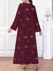 Al Najma 女士优雅定位印花阿拉伯风格 V 领长袖连衣裙 - 酒紅色 - 查看 2