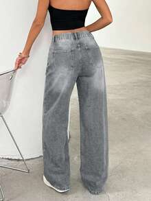 EURMUSE Women's Thick Denim Jeans, Oblique Placket, Loose Wide-Leg Pants, Blue - Grey - View 2