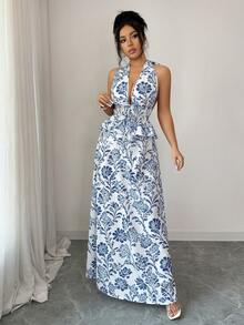 Elenzga 女士蓝白印花系带露背吊带背心+A字长裙两件套，春夏款 - 藍白色 - 查看 8