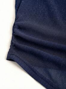 Sweetra Áo tank top nữ dệt kim lấp lánh, dáng ôm bất đối xứng, đa năng cho việc đi lại hàng ngày, mùa xuân/hè. - Màu xanh hải quân - Xem 3