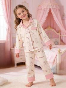 2pcs/Set Young Girl' Cute Rabbit Print Long Sleeve Top And Pants Comfortable Pajama Set, Apricot - Apricot - View 3