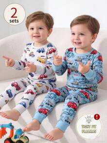 Bộ đồ ngủ 4 món cho bé trai, ôm sát, in hình máy xúc, cần cẩu, xe tải ngộ nghĩnh, phối màu gồm áo dài tay và quần. - Nhiều màu - Xem 8