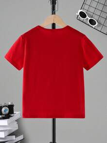SHEIN 青少年男孩休闲时尚创意个性化清新简约数字67足球碎片图案印花舒适基础款短款T恤，适合春、夏、秋季休闲穿着。 - 紅色 - 查看 2