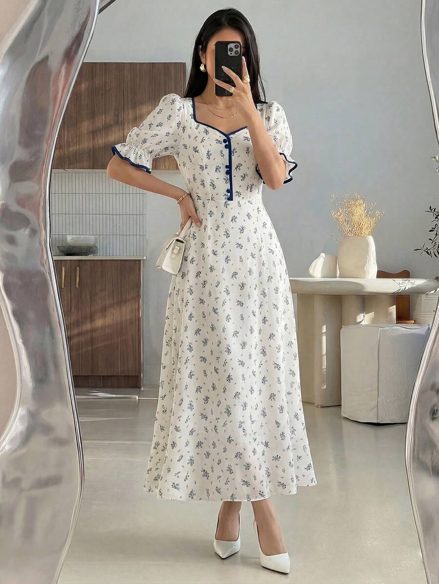 Seusyu Women's Floral Print Sweetheart Neckline Dress Maxi Women Outfit - Blue - View 1