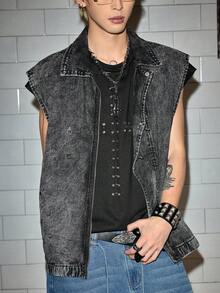 ROMWE MEN Street Life Spring/Summer Casual Graphic Men'S Fashion Airplane Buckle Denim Vest Jacket - Dark Grey - View 4