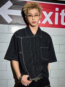 ROMWE MEN Street Life Men's Oblique Placket Airplane Buckle Denim Jacket - Blue - View 7