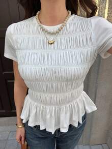 Solivie Women's Casual Short Sleeve Ruffle Hem T-Shirt, Summer White Smocked Top White Ruffled Top - White - View 3