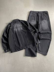 StoneGrade 男士长袖单排扣破洞牛仔夹克和黑色牛仔裤套装外出通勤工作都市秋季服装 - 黑色 - 查看 2