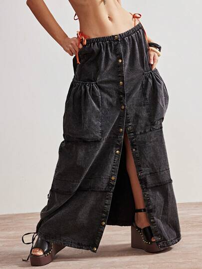 Bohemela Falda de mujer de unicolor casual, tejida, suelta y con abertura frontal