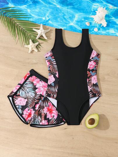 Tween Girls One-Piece Swimsuit, Black Floral Print, Easy To Wear, Children's Swimsuit With Sports Shorts, 2 Pieces Fashion Casual Elegant Suitable For Swimming, Vacation, Summer (Print Random) 2 Piece Swimming Suits For Teens Flower Swimsuit Swimsuits For Teen Girls Flower 2pcs Tween Girls Printed Swimwear Black With Pink Floral Swimsuit Girls Bikini Set Black And Pink Flower Girls' One-Piece Swimsuit With Shorts Set Conservative Girl Swimsuit