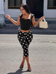 Slaydiva 新款春季、春夏音乐节、情人节、复活节休闲风、简约基础款、Y2K街头甜美风、邮轮度假、日常约会、辣妹风、性感派对、高腰、后侧开衩、V腰、锥形褶皱紧身裤、黑色底、白色波点七分裤、女士长裤 - 黑色 - 查看 4