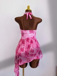 Zestiva-D 女士夏季粉色玫瑰印花露背深V连体泳衣，搭配多层不对称雪纺裙摆，甜美度假风，海滩泳池氛围，修身泳装 - 彩色 - 查看 2