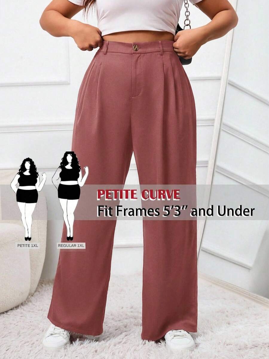 SHEIN PETITE CURVE 大码纯色前扣简约休闲西装裤，适合毕业季、返校季、教师装等场合，秋冬季日常通勤穿着皆宜。 - 鏽棕色 - 查看 1