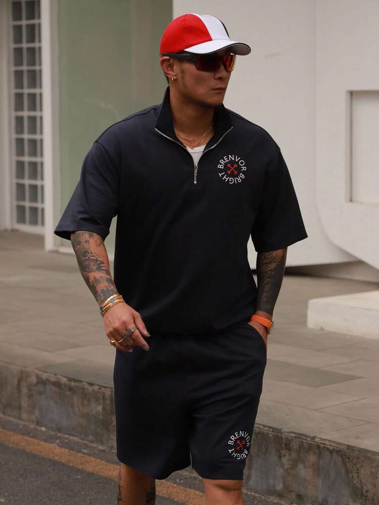 Navy Blue Long Sleeve Shirt And Shorts Set For Men, Spring/Summer