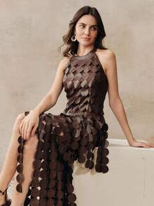 Anewsta 新款优雅镂空波点度假风半身裙，复古别致纹理流苏时尚百搭女裙 - 棕色 - 查看 7