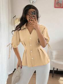 Franclia Áo kiểu tay ngắn thanh lịch, thiết kế ôm eo, tay phồng dành cho nữ, áo mùa hè dự tiệc, áo đi biển, áo kiểu thanh lịch, áo kiểu thường ngày màu nâu. - Màu Khaki - Xem 5