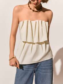 Poéselle Women's Elegant Pleated Strapless Top, Suitable For Summer Vacation And Dates - White - View 3