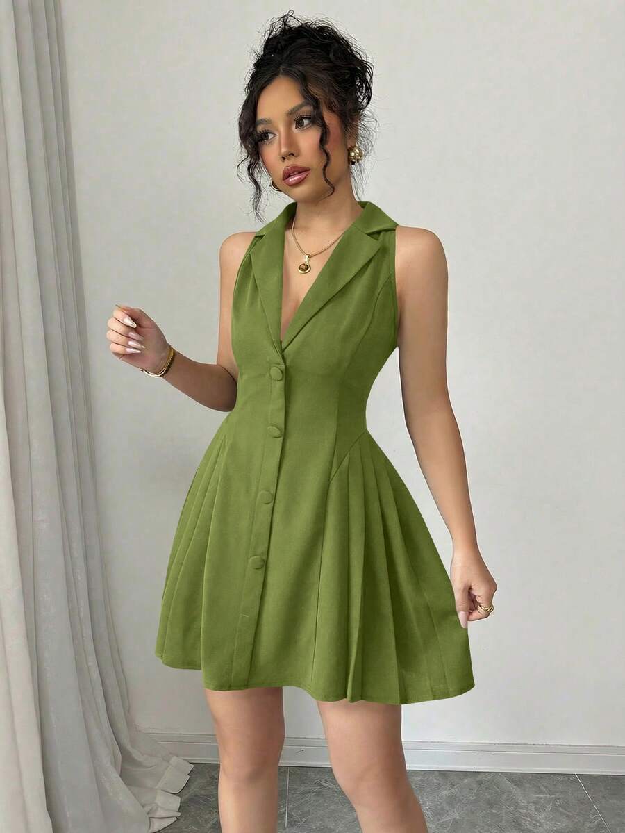 Elenzga Đầm ngắn nữ kiểu dáng thường ngày, công sở, màu trơn, cổ ve lật, gấu xếp ly, eo thon, thích hợp cho mùa hè. - màu xanh lá - Xem 1