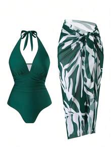 Swim Oasis Plus Size New European & American Style Solid Color Halter One-Piece Swimsuit, Conservative Tummy Covering Leaf Print Beach Skirt With Mesh Wrap Skirt Summer Bikinis Summer 2026 Christmas Clothes New Year Clothes Party Clothes Beach Outfit For Women Casual Clothes - Multicolor - View 4
