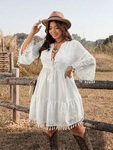 Ceyna 大码白色蕾丝边休闲百搭连衣裙，春夏款 - 白色 - 查看 6