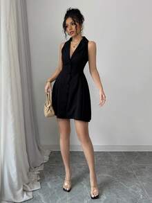 SHEIN PETITE New Casual Elegant Vacation Beach Party Deep V-Neck Sleeveless Waist-Cinched Black Mini Dress For Women, Spring/Summer - Black - View 5