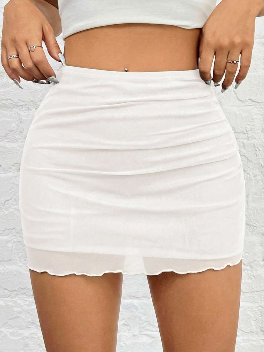 SHEIN EZwear Women's White Knitted Mesh Ruffle Bodycon Mini Skirt - White - View 1