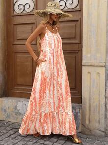 Brillora 女士休闲度假风全身印花荷叶边吊带连衣裙，夏季 - 橘色 - 查看 6