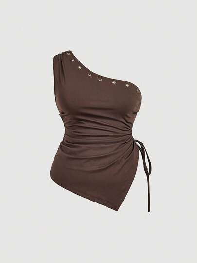 SHEIN MOD Plus Size Women's Asymmetric Hem Drawstring Tie Neck T-Shirt, Brown