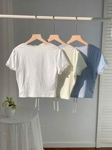 Comfortcana 女士碎花蕾丝边系带短袖T恤 - 彩色 - 查看 3