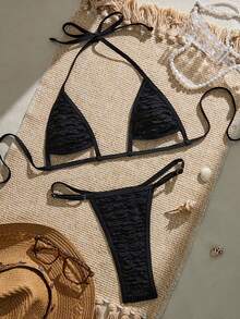Swim SXY Bộ bikini gợi cảm mùa hè dành cho nữ, màu trơn, khoét eo, buộc dây cổ. - màu đen - Xem 6