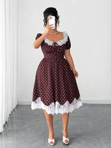 Elenzga Vestido de encaje con lunares de talla grande, cuello cuadrado, parche de encaje, manga abullonada, cintura alta, dobladillo con volantes, empalme de encaje, estilo vintage francés romántico, elegante y casual - Café integral - Ver 3