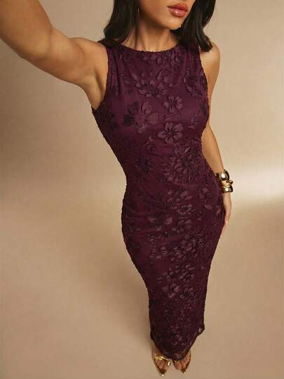 Silquee This Burgundy Flocked Floral Jacquard Round Neck Sleeveless Fitted Dress Is Elegant And Simple, Making It The Perfect Choice For Romantic Dates, Beach Vacations, Weddings, And Valentine's Day. It Exudes Both Elegance And Sexiness. Ideal For Brunch, Wedding Guests, Formal Social Occasions, Or Summer Wear, It Can Also Be Worn As A Wedding Party Dress, Birthday Dress, Etc. Suitable For Various Occasions Such As Vacations, Parties, Gatherings, And Bachelor/Bachelorette Parties.