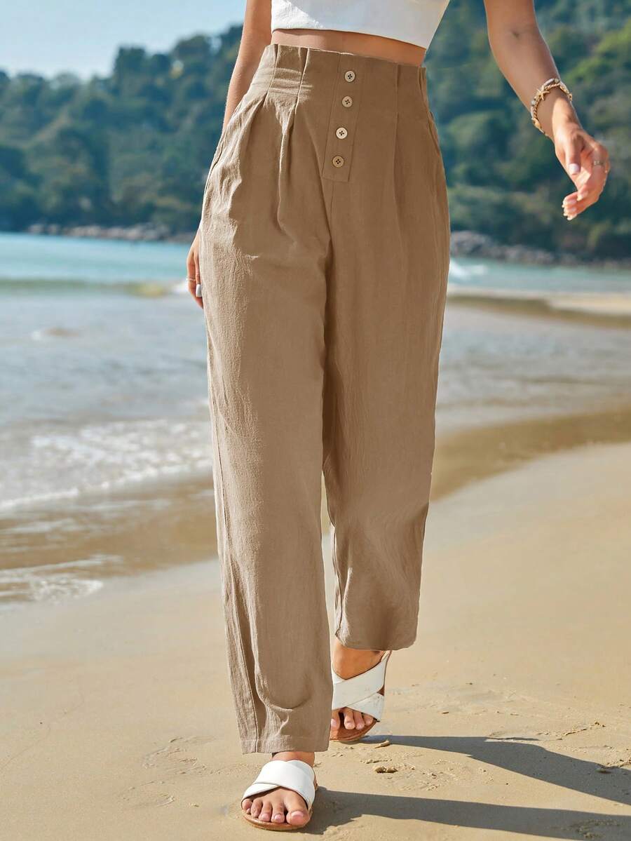 SHEIN Frenchy 女士褶皱锥形裤 夏季、度假长裤 - 駝色 - 查看 1