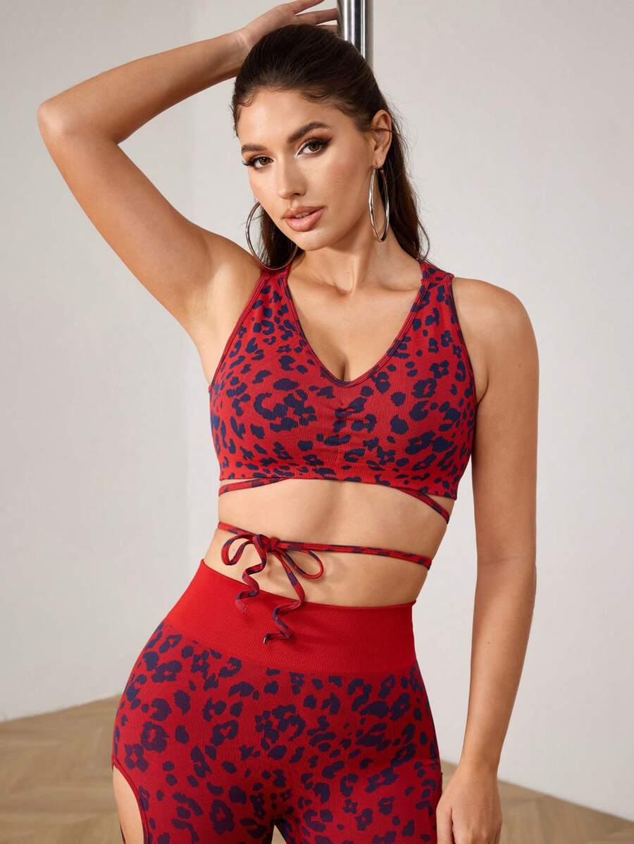 Menodora SHEIN Sport Women's Sexy Leopard Print Pole Dance Dancewear Print Sports Bra Suitable For Pole Dancing And Stage Performance   Red Black Color - Coral Orange - View 1