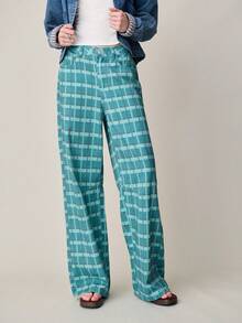Nöista Wide-Leg Denim Pants , Bold Blue Checkered Pattern With A Classic Five-Pocket Design And Button Closure. Casual, Spring, Summer, Pants. - Green - View 1