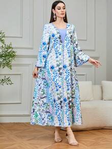 Yasmyna Floral Print Flounce Sleeve Abaya - Blue - View 4