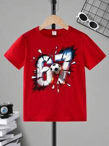 SHEIN 青少年男孩休闲时尚创意个性化清新简约数字67足球碎片图案印花舒适基础款短款T恤，适合春、夏、秋季休闲穿着。 - 紅色 - 查看 8
