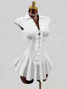 Mistrie Robe courte pour femmes de couleur unie avec manches courtes et cordon de serrage - Blanc - Voir 4