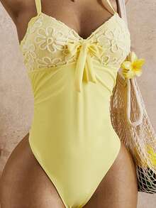 Swim Mod Traje de baño de una pieza para mujer con diseño de flores estampadas y nudo delantero, lindo para la playa y vacaciones, verano - Amarillo - Ver 5