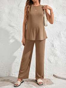 SHEIN Bộ đồ bầu thanh lịch, không tay cổ tròn xẻ tà bên hông, gồm áo hai dây và quần ống đứng cạp chun điều chỉnh được, gồm 2 món. - Màu Khaki - Xem 5