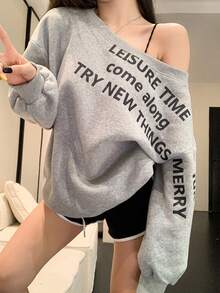 Joudiya Áo nỉ nữ lót nhiệt in chữ bất đối xứng cỡ lớn, áo dài tay, quần áo mùa thu, lót nhiệt - Xám - Xem 11
