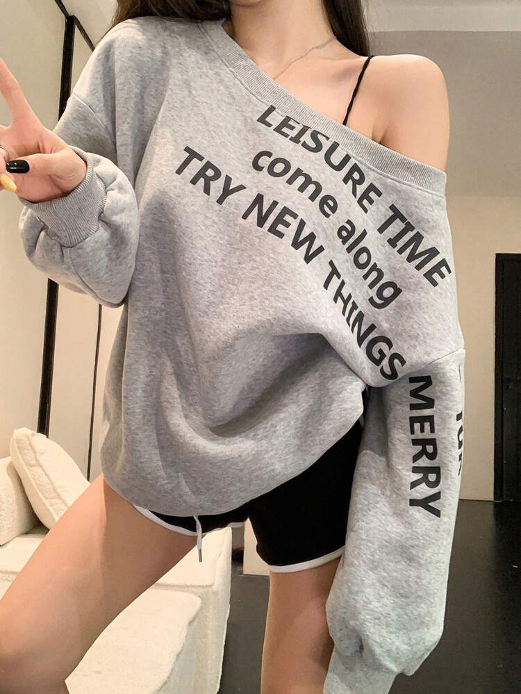 Oversized Loose Asymmetric Letter Print Thermal Lined Women Sweatshirt, Long Sleeve Tops, Fall Clothes, Thermal Lined