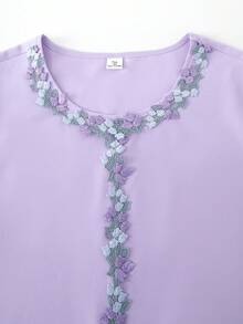 Teen Girl Floral Print Crew Neck Split Sleeve Elegant Dress - Purple - View 3