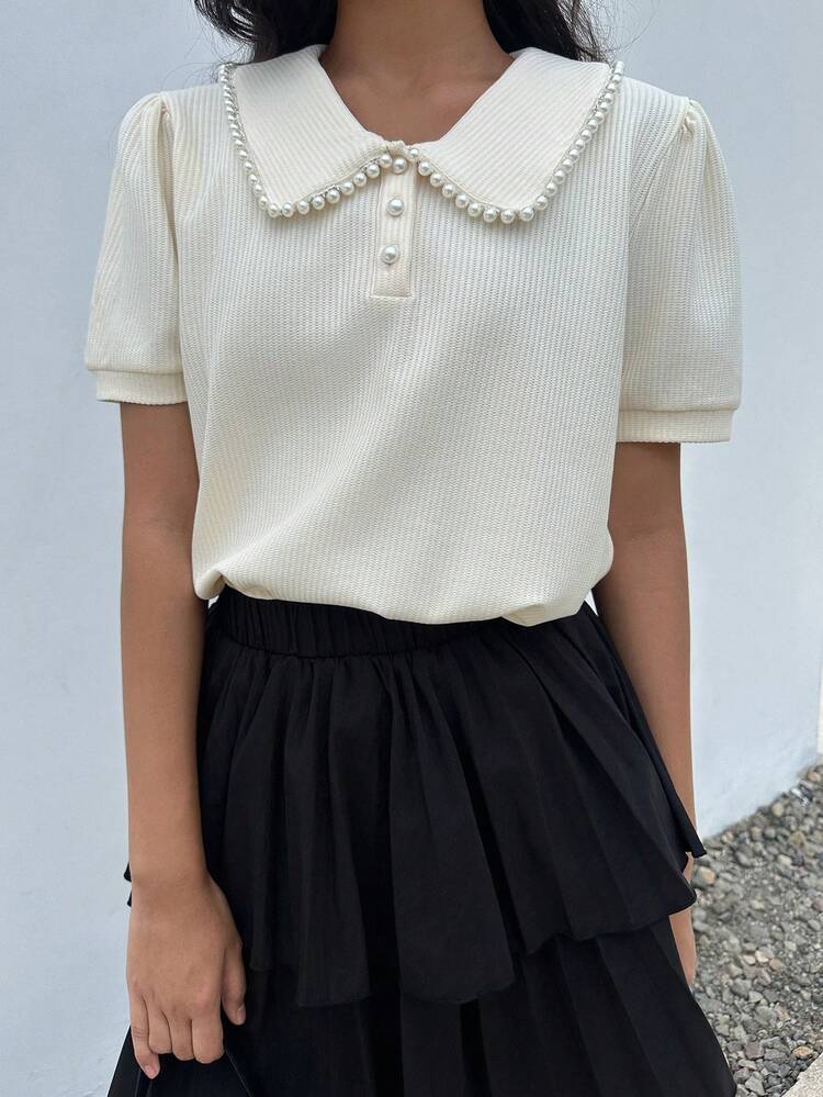 Teen Girl Solid Color Pearl Decor Short Sleeve T-Shirt Summer
