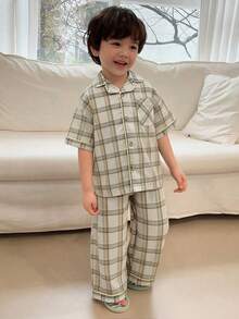 DAZY Toddler Boys' Plaid Short Sleeve Top & Pants Pajama Set - Apricot - View 5