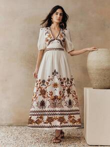 Anewsta Abito elegante da donna in stile vintage con stampa floreale vintage, scollo a V, maniche a palloncino, vita aderente e gonna ampia, snellente e affascinante - Albicocca - Visualizzare 5